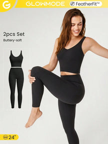 Conjunto De Top e Leggings Com Cintura Alta Tecnologia FeatherFit™